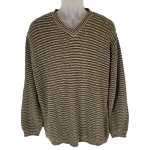 Vintage TAG Sport RL Men's L Green str Woven Knit V Neck Pullover Sweater USA